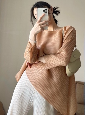 TVTV 拿铁套装～褶皱卡其色纯色长袖廓形宽松上衣直筒长裤