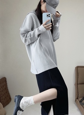 TVTV 松弛感！褶皱秋季hp线厚版帽衫开衫乳灰上衣直筒长半裙