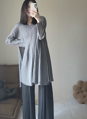 TVTV 克制感水泥色！褶皱炭灰色廓形花苞长袖上衣阔腿裤