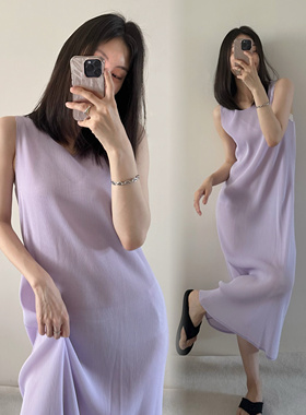 TVTV 浅紫缪斯～褶皱细牙签褶薰衣草紫无袖宽松直筒连衣裙