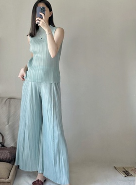 TVTV 夏日玻璃海～褶皱薄荷蓝无袖高领背心上衣宽松阔腿长裤套装