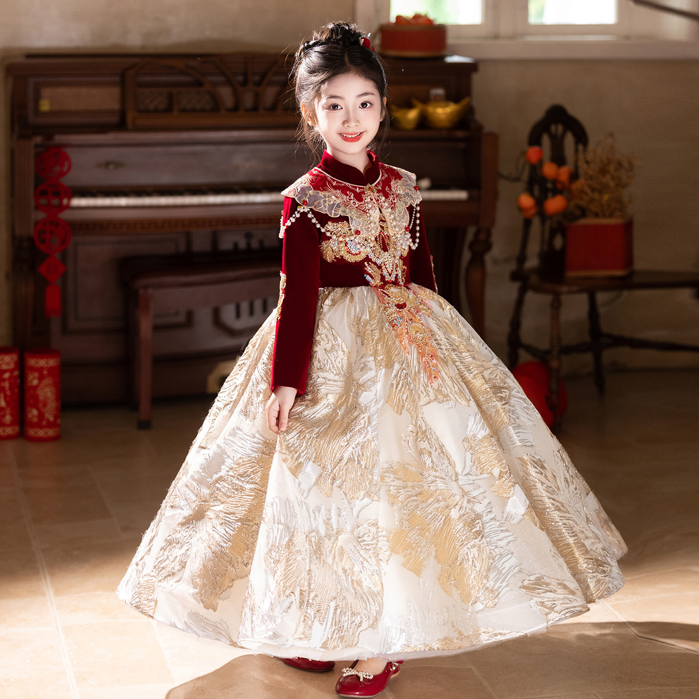 国风红色新中式旗袍女童新年礼服