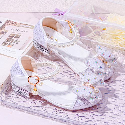 女童公主鞋水晶鞋珍珠蝴蝶结