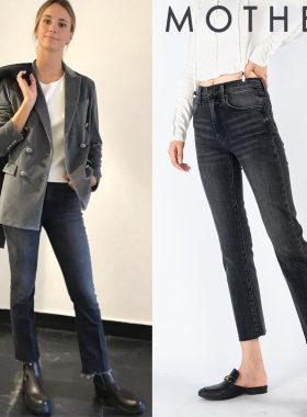 代购mother denim牛仔微辣女九分显瘦小个子直筒烟灰色高腰毛边脚