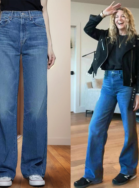 代购Mother加绒阔腿牛仔裤女冬季高腰宽松直筒拖地长裤明星款