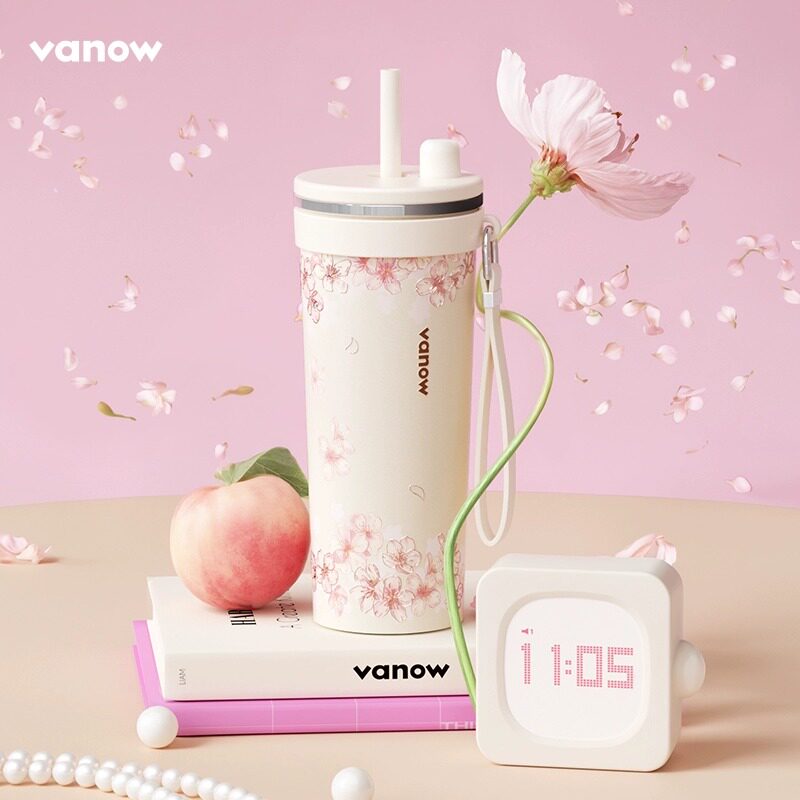 Vanow樱色雪吸管保温杯女生2026高颜值新款大容量陶瓷内胆水杯子
