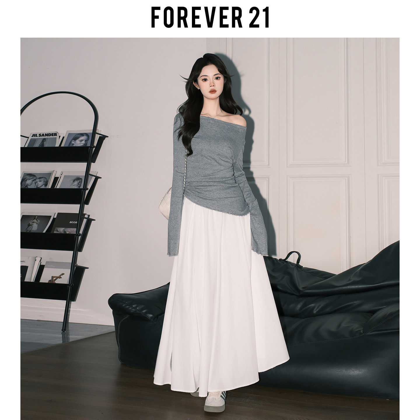 Forever21超好看白色A字大摆半身裙女春高腰休闲伞裙垂感仙女长裙