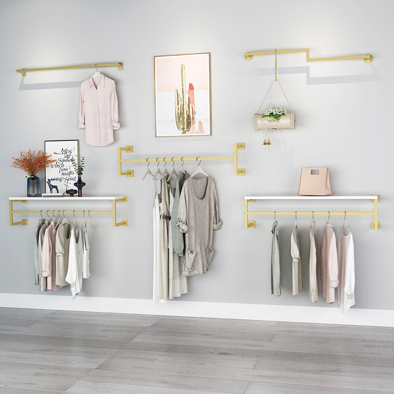 服装店展示架上墙壁挂式男女装衣服架子挂衣架金色上墙服装架货架