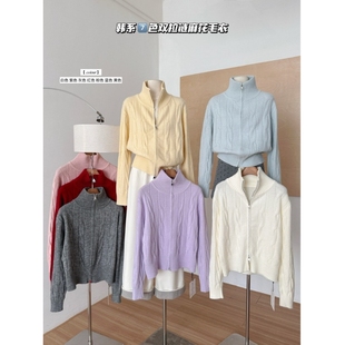 丽魅姿1688韩系复古绞花立领毛衣外套女秋冬减龄别致针织开衫学院