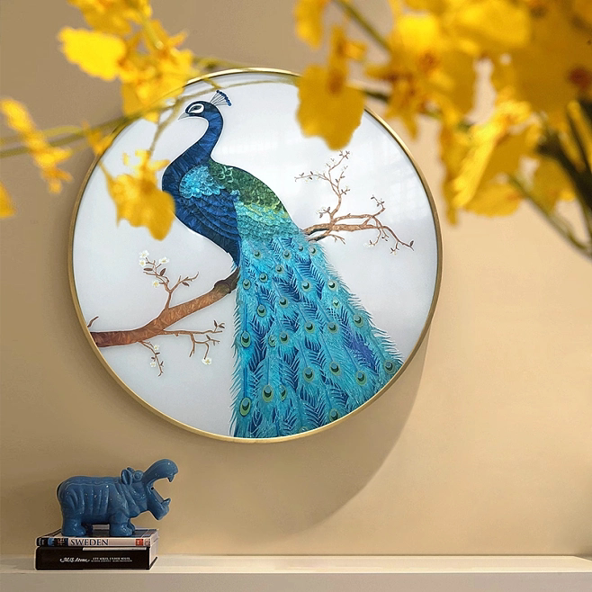 纯手工珐琅彩装饰画新中式圆形孔雀玻璃工艺挂画玄关餐厅卧室壁画