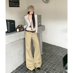 浅浅家风格店 秋季新款美式复古微喇牛仔裤女低腰宽松阔腿裤卡其