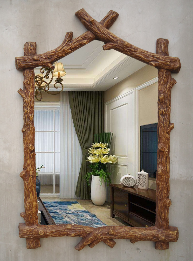 美式乡村风格仿木浴室镜欧式方形卫生间镜玄关装饰化妆台卫浴镜子