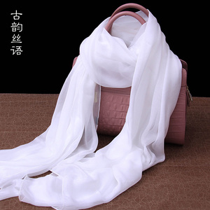 秋冬季真丝丝巾纯色女韩版长款围巾百搭披肩雪白色高档100%桑蚕丝