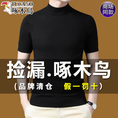 啄木鸟中年男士半高领短袖毛衣男秋冬半袖毛衣t恤冬季针织打底衫