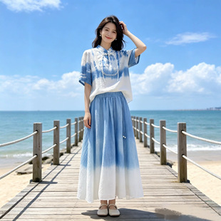 云南大理批发手工纯植物板蓝根蓝染扎染旅游度假百搭女连衣裙套装