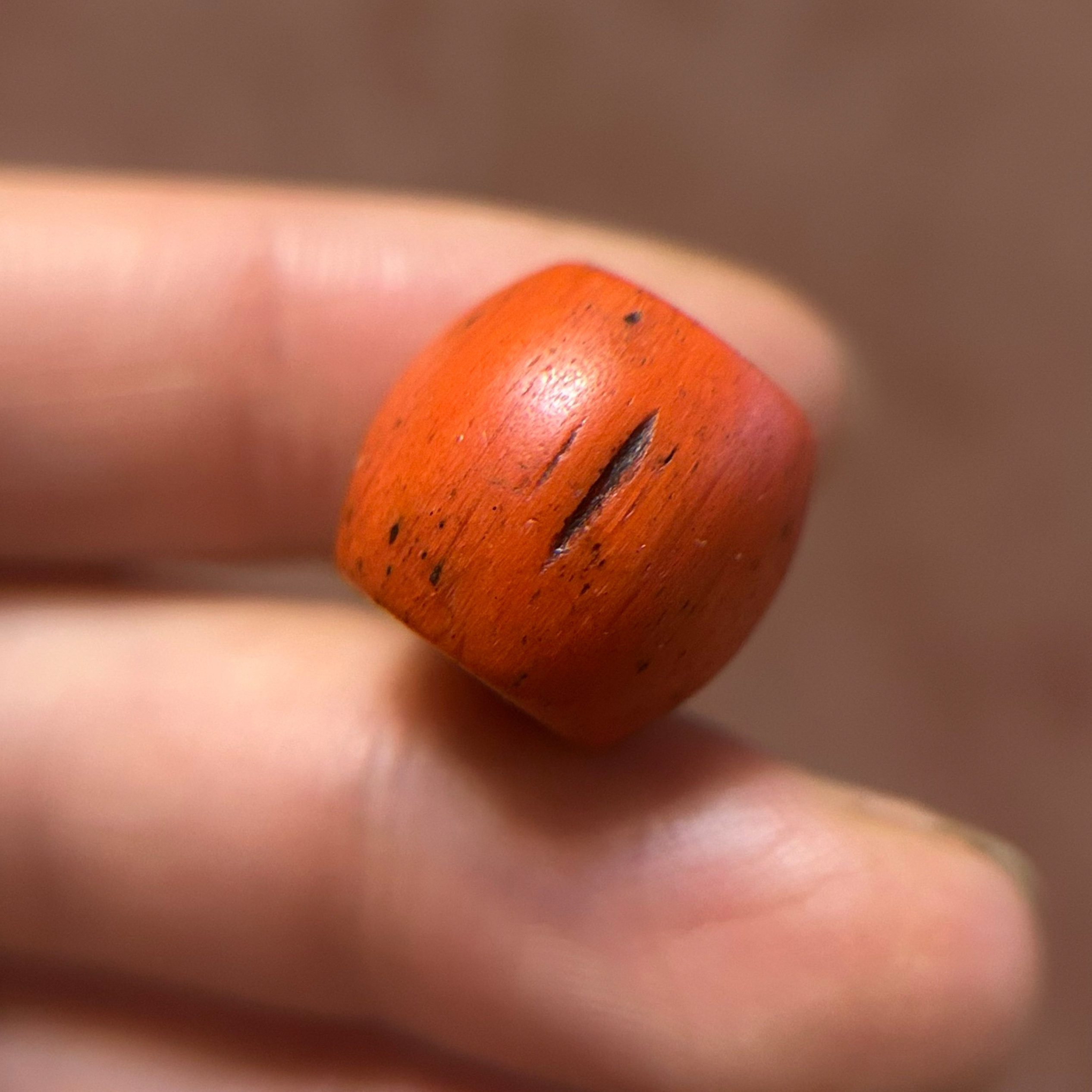 15mm橘红色老琉璃鼓珠藏传文玩古顶珠配珠风化条纹西藏老珠子雪巴