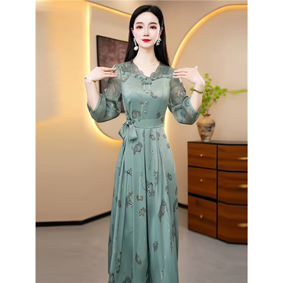 端庄大气连衣裙女2025春季新款妈妈装气质减龄显瘦中长款过膝裙子