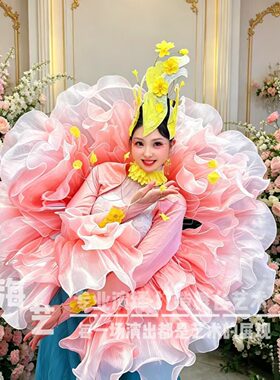 新款春晚富贵花开同款演出服牡丹粉色花蕊舞蹈裙大摆裙表演服