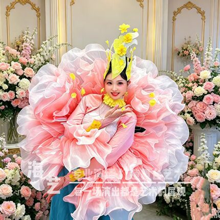 新款春晚富贵花开同款演出服牡丹粉色花蕊舞蹈裙大摆裙表演服