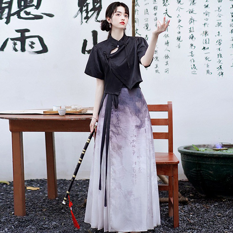 水墨渐变马面裙套装初中生女汉服
