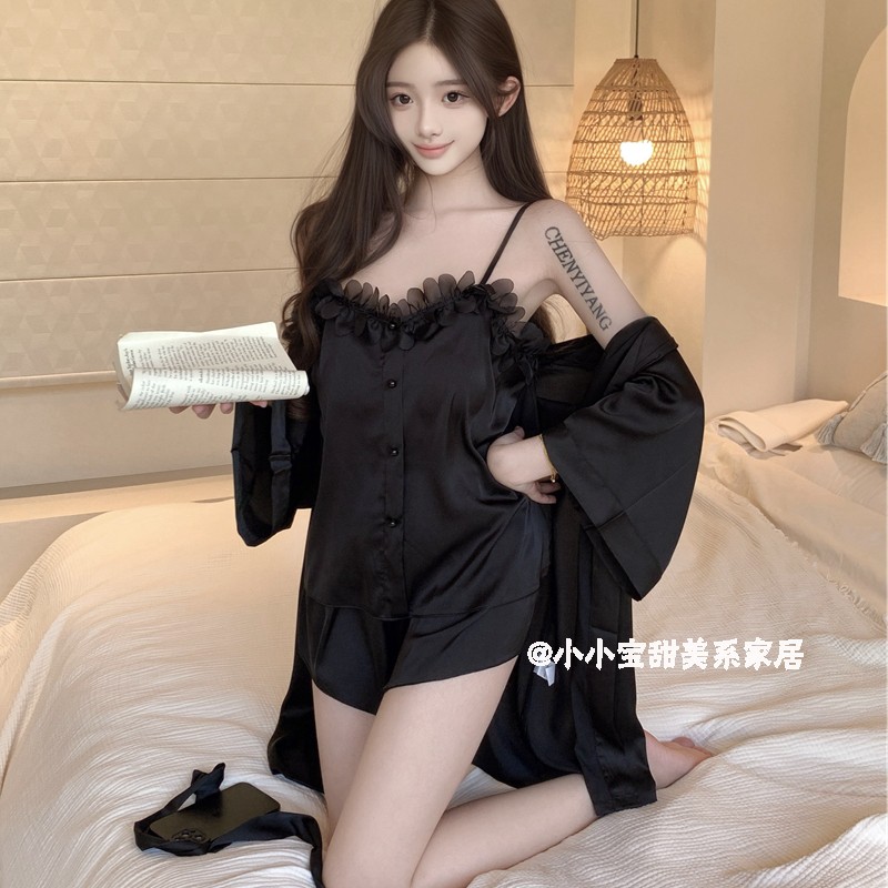 夏季新款带胸垫冰丝睡衣女吊带短裤睡袍三件套花瓣洋气甜美家居服