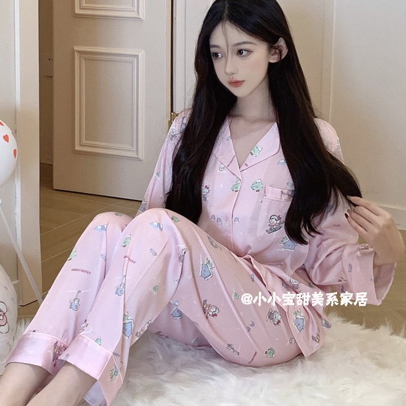 虞书欣同款粉色猫咪缎面睡衣女