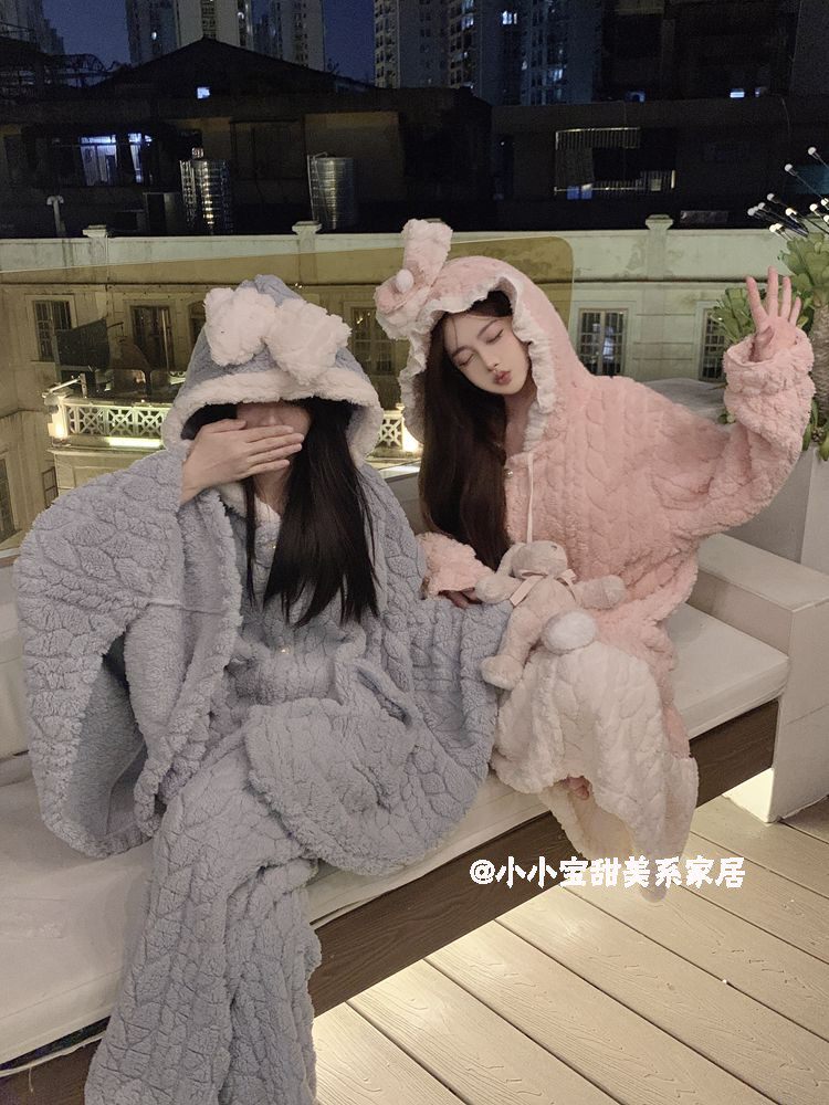 CUTE HOODED BOW PAJAMAS WOMENS AUTUMN WINTER THICKENED FLANNEL SWEET MIDI LENGTH DRESSING GOWN BATHROBE LOUNGEWEAR