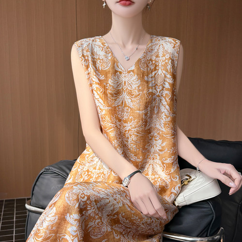 2026夏季天丝法式复古印花无袖连衣裙女士V领A字垂感中长款背心裙