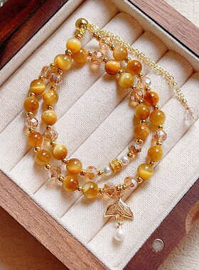 金虎眼石手串流苏古风寺庙心经 念珠带尾链双圈手链