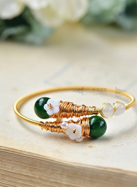 14k干青淡水金丝玉原创设计手镯