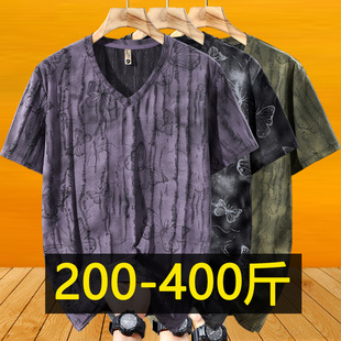 400斤特大码V领短袖男夏季中国风破洞半袖加肥加大胖子鸡心领体恤