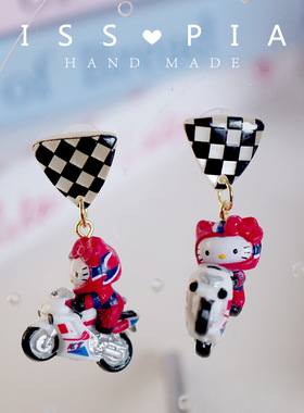 MISS朴| 甜酷女孩HelloKitty敲炫帅气摩托车可爱创意925耳环耳夹
