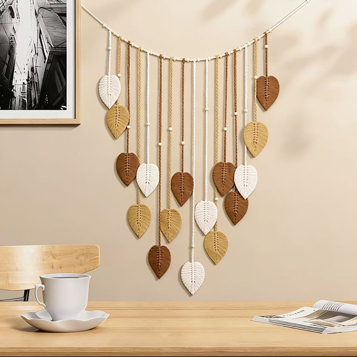 北欧风叶子图案棉绳挂毯壁毯家居装饰设计感墙面挂饰