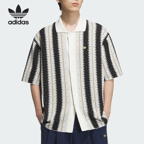 Adidas/阿迪达斯正品三叶草男士翻领钩针编织条纹透气衬衫KE5833
