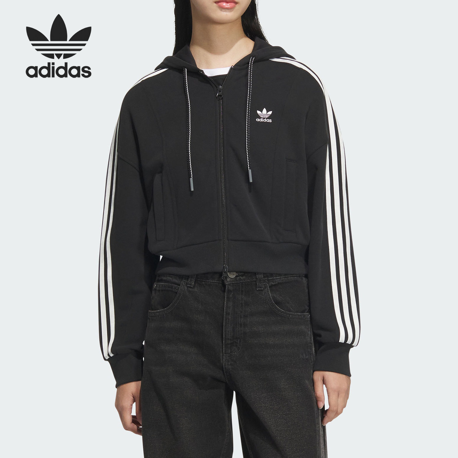 Adidas/阿迪达斯正品三叶草女士短款条纹运动连帽外套JM8056,运动服/休闲服装,运动茄克/外套,淘宝优惠券,粉丝福利购,淘宝优惠卷