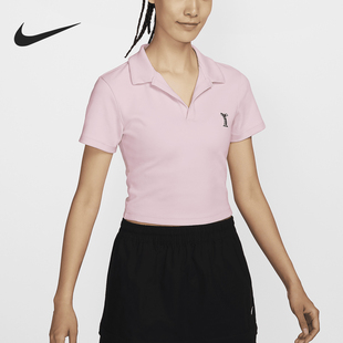 Nike/耐克正品秋季新款女士刺绣翻领休闲针织短袖HJ6852-663