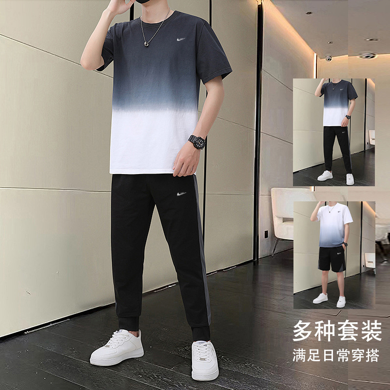 耐克顿2025新款男士速干运动套装夏季渐变色短袖T恤长裤三件套潮