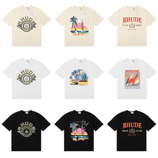 RHUDE美式复古国旗徽章短袖T恤男女情侣宽松休闲运动上衣ins