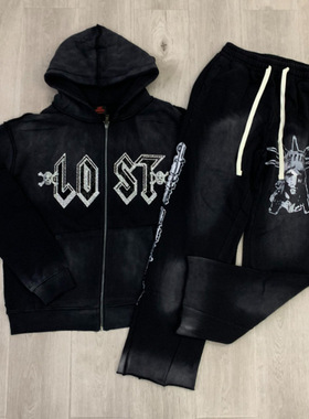 Lost intricacy新款洗水烫钻字母破洞套装开衫连帽外套休闲长裤潮