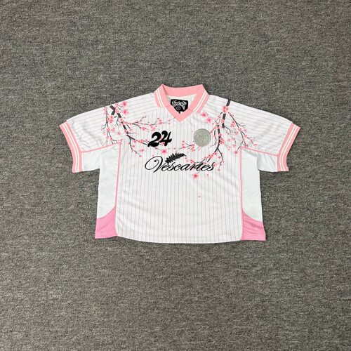 Vescartes复古街头樱花印花短袖POLO衫女款翻领拼接条纹球衣T恤