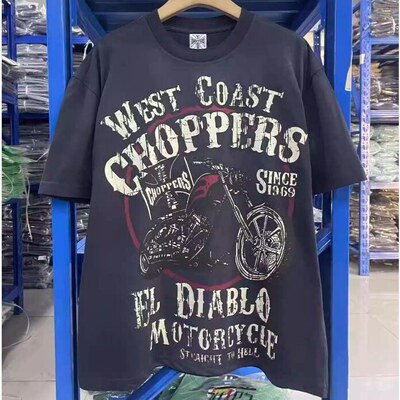 复古摩托车印花宽松短袖T恤