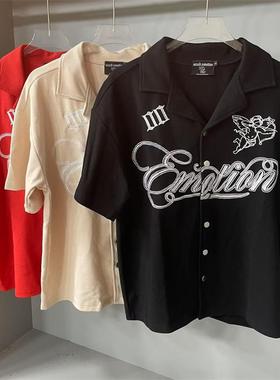 MIXED EMOTION 美潮华夫格刺绣字母宽松男女短袖衬衫休闲短裤套装