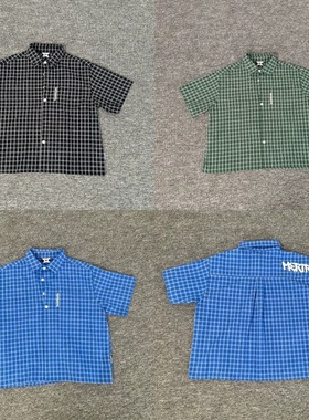 Mertra夏季复古刺绣字母印花格子衬衣男拼接宽松休闲翻领短袖衬衫