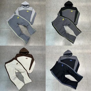 Synaworld新款美式刺绣logo拼接加绒连帽卫衣微喇卫裤休闲套装男