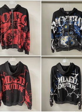 MIXED EMOTION美潮嘻哈复古印花宽松休闲水洗做旧开衫连帽外套