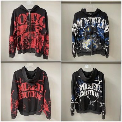 美潮嘻哈复古印花宽松连帽外套