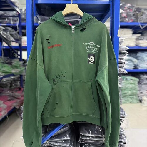 水洗做旧刺绣宽松连帽拉链卫衣