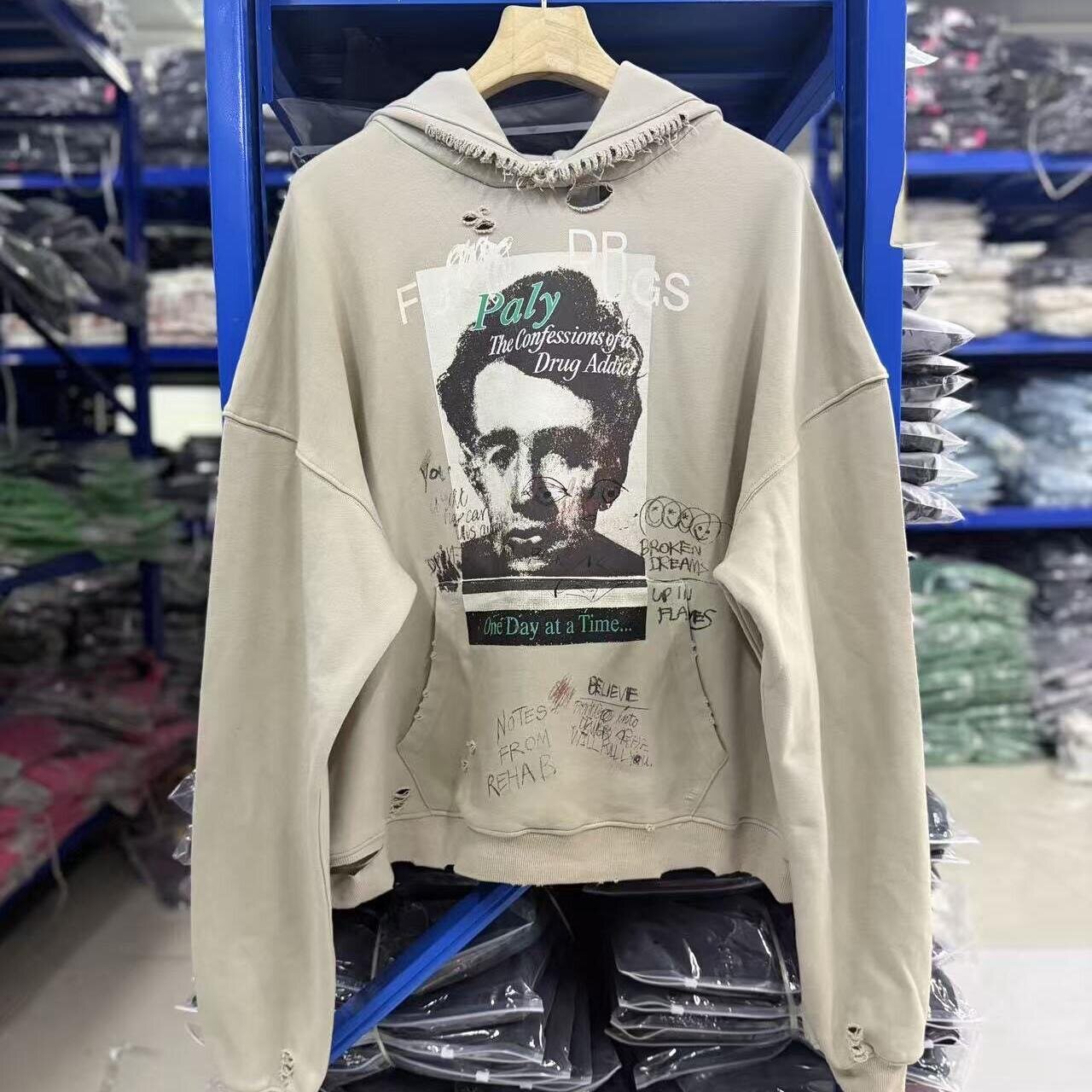 Paly Hollywood美式破洞复古宽松水洗褪色手工做旧休闲连帽卫衣潮