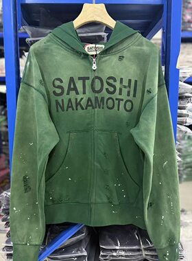 SATOSHI NAKAMOTO经典字母印花泼墨宽松拉链外套男女休闲破洞卫衣