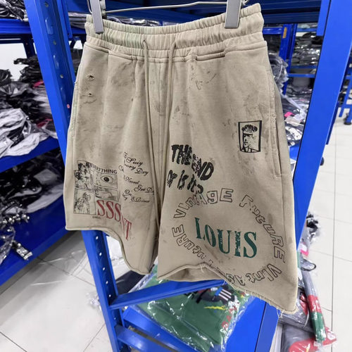 SSSAINT LOUIS做旧字母印花短裤男女宽松系带街头休闲五分裤